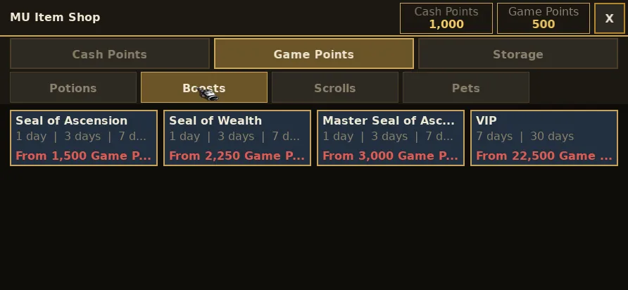 La MU Item Shop con las pestañas Cash Points y Game Points